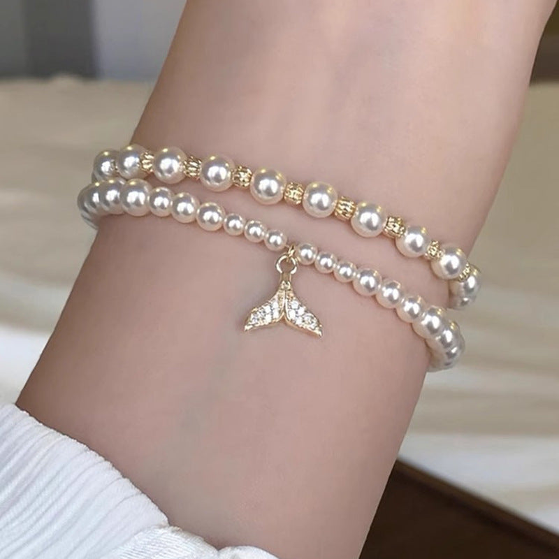 French Pearl Zircon Fishtail Double Layer Bracelet