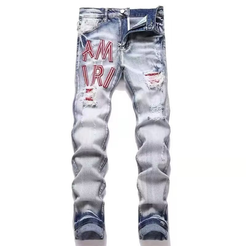 Slim Fit Patchwork Distressed Denim Jeans for Men