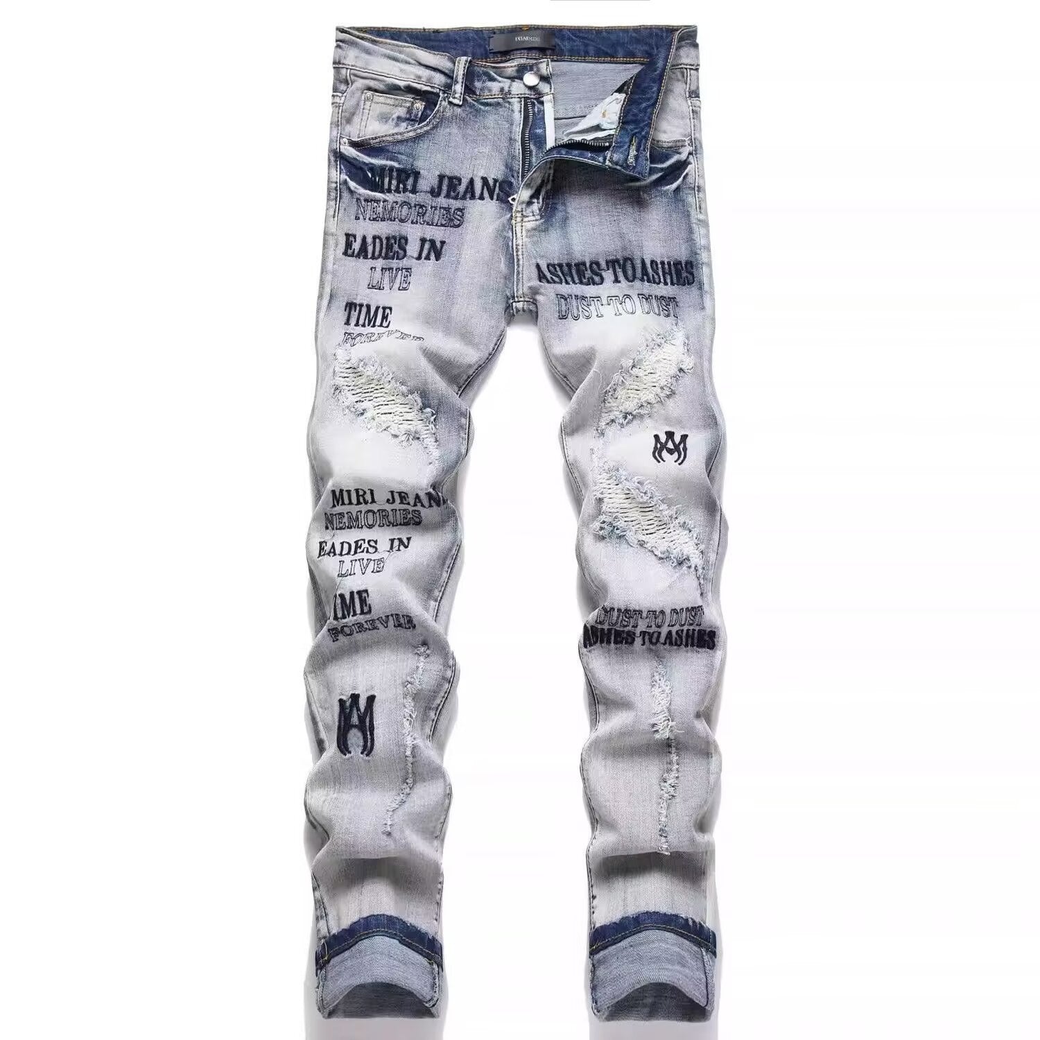Slim Fit Patchwork Distressed Denim Jeans for Men
