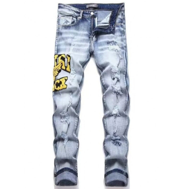 Slim Fit Patchwork Distressed Denim Jeans for Men