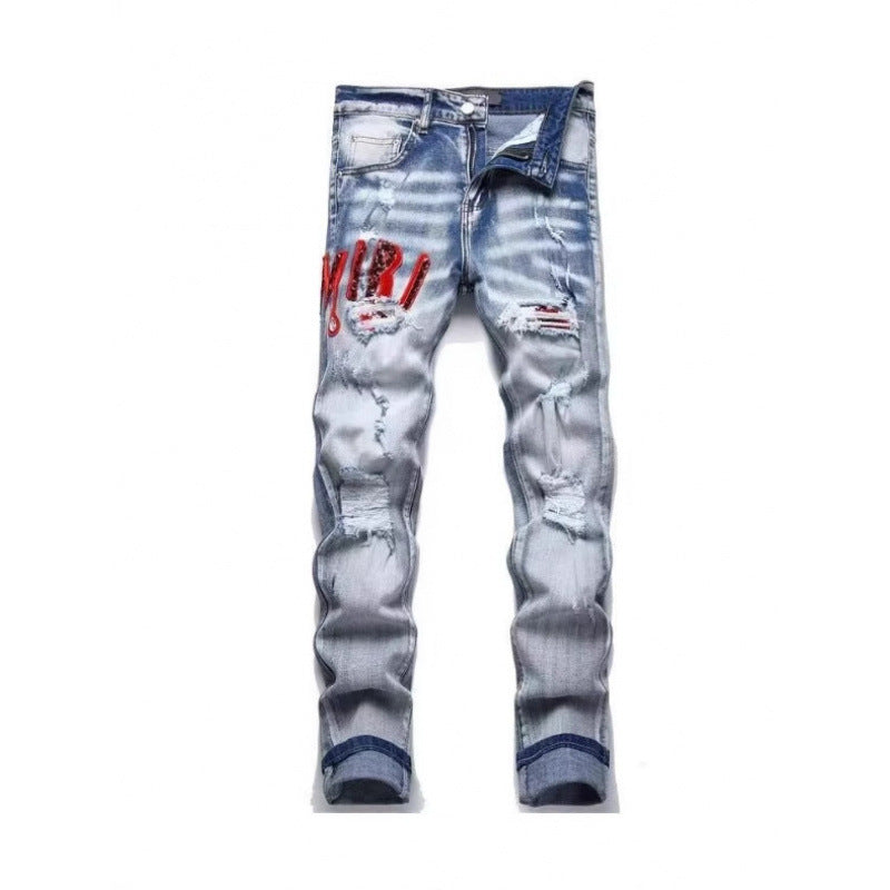 Slim Fit Patchwork Distressed Denim Jeans for Men