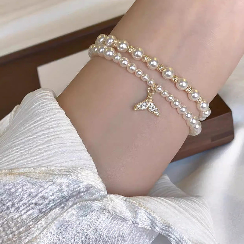 French Pearl Zircon Fishtail Double Layer Bracelet