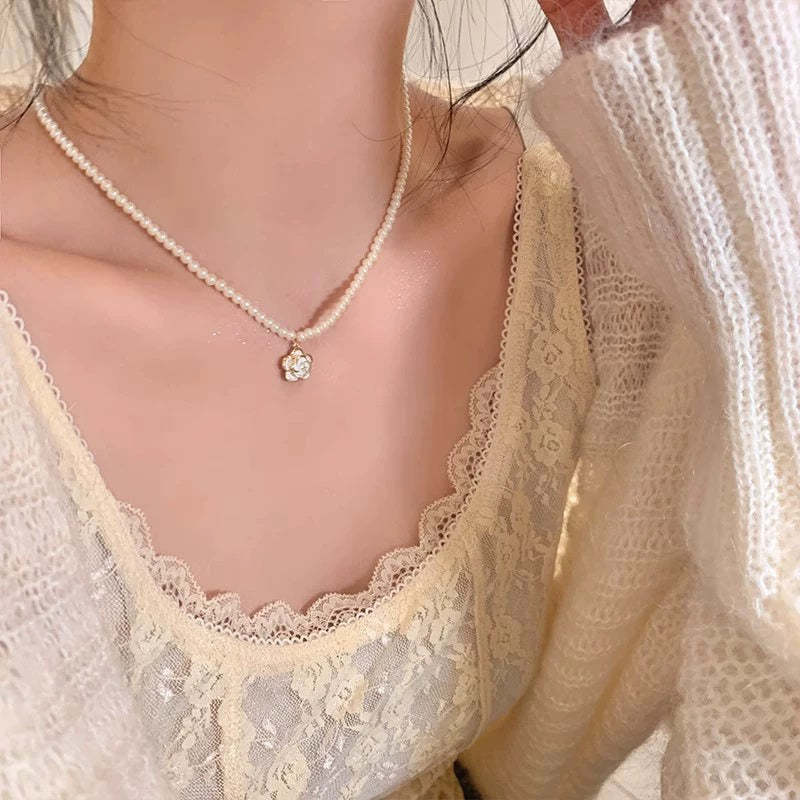 French Vintage Rose Pearl Necklace for Women