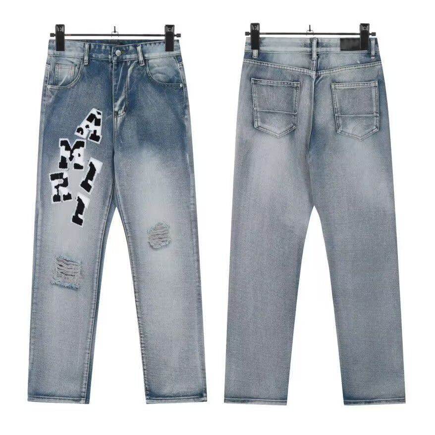 Slim Fit Patchwork Distressed Denim Jeans for Men