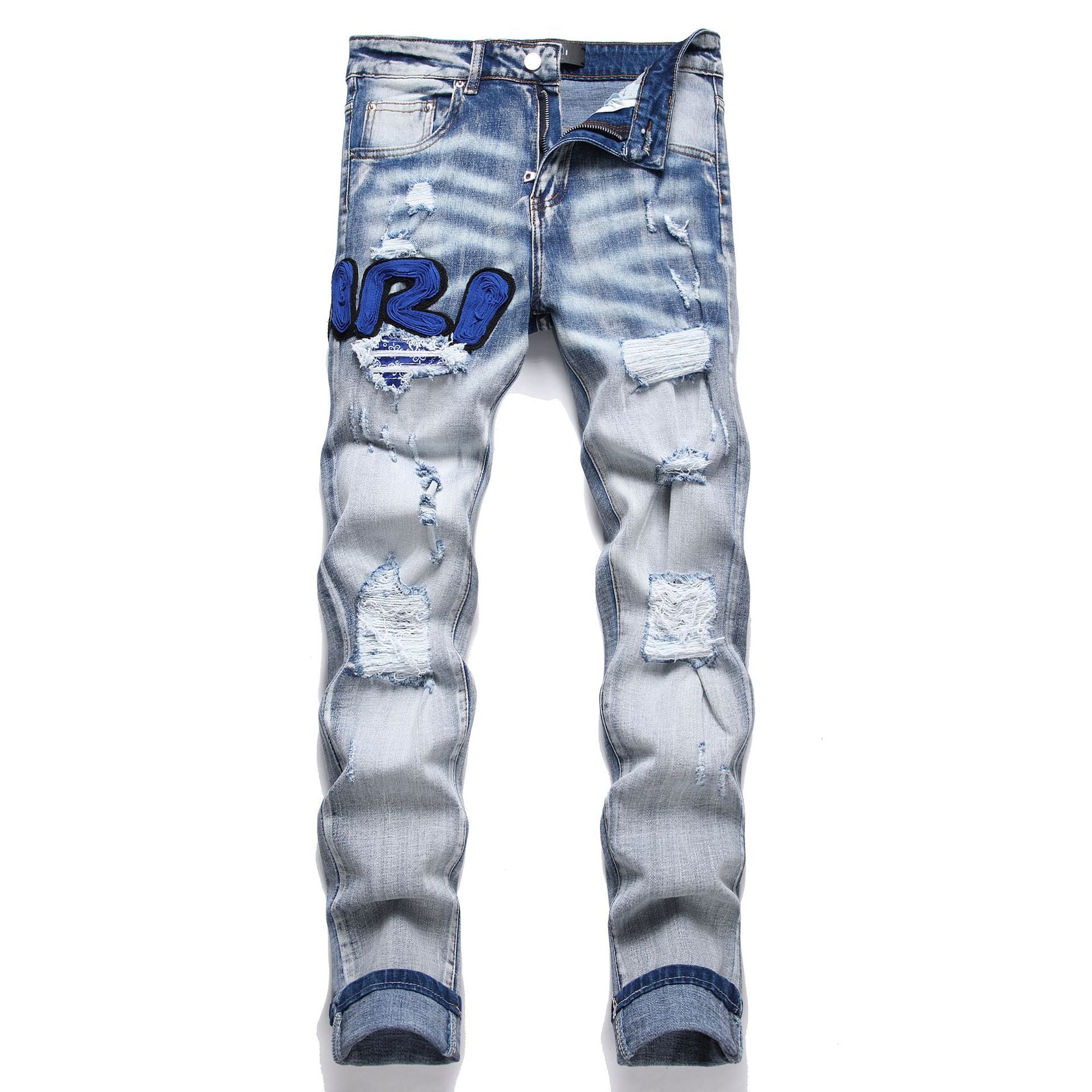 Blue Embroidered Distressed Patchwork Slim-Fit Jeans