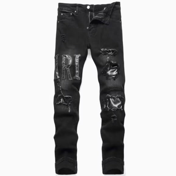 Slim Fit Patchwork Distressed Denim Jeans for Men