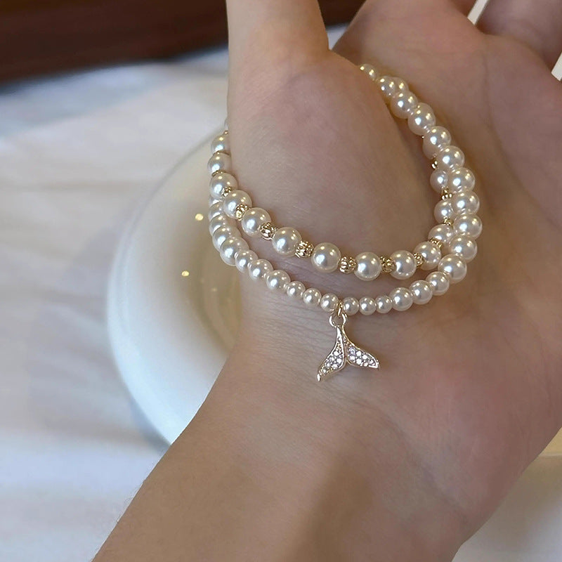 French Pearl Zircon Fishtail Double Layer Bracelet