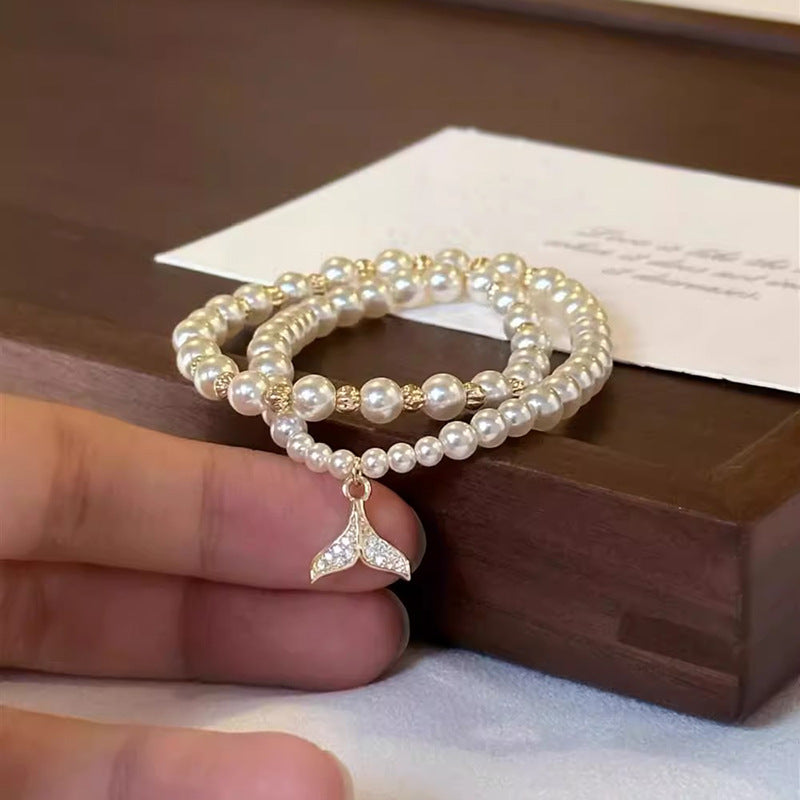 French Pearl Zircon Fishtail Double Layer Bracelet