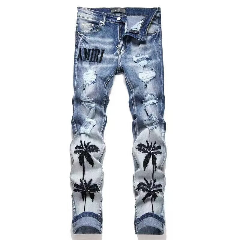 Slim Fit Patchwork Distressed Denim Jeans for Men