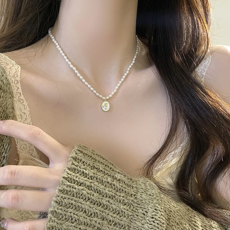 French Vintage Rose Pearl Necklace for Women
