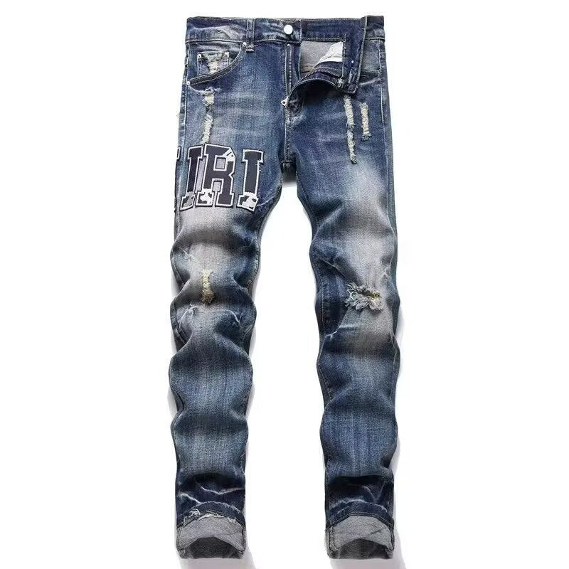 Slim Fit Patchwork Distressed Denim Jeans for Men