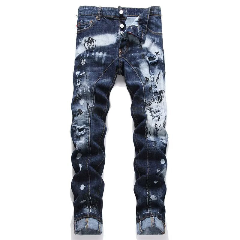 Slim Fit Patchwork Distressed Denim Jeans for Men