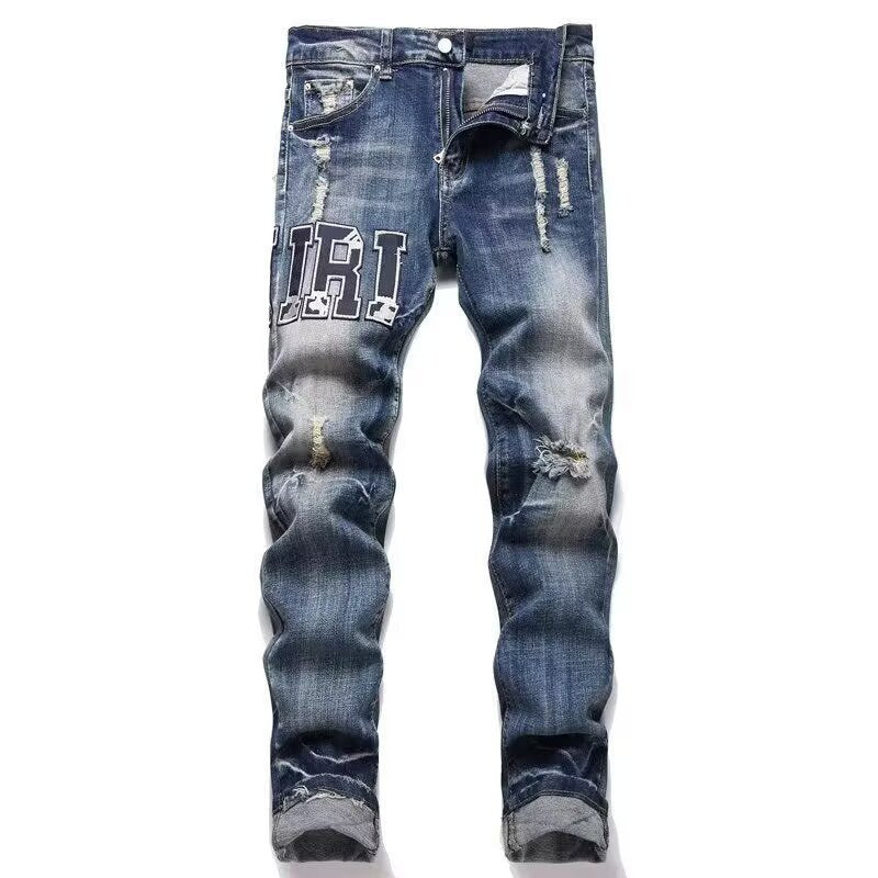 Slim Fit Patchwork Distressed Denim Jeans for Men