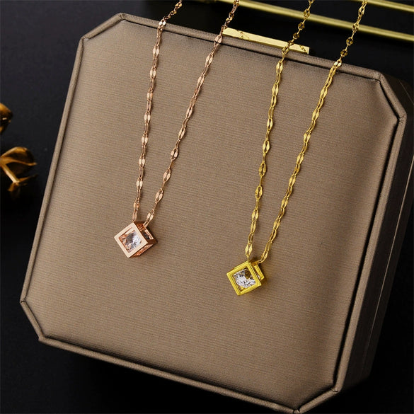 Geometric Hollow Square Zircon Pendant Necklace – Electroplated Titanium
