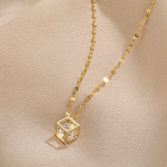 Geometric Hollow Square Zircon Pendant Necklace – Electroplated Titanium