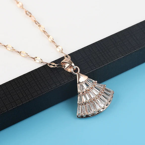 Fan Shaped Skirt Necklace – Rose Gold Titanium Steel with Zircon
